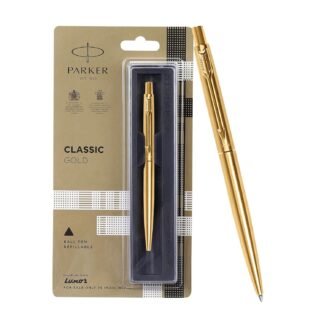 PARKER CLASSIC SLIMLINE STAINLESS STEEL GOLD & SILVER BALL PEN- BLUE INK