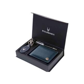 WildHorn Leather Wallet, Keychain & Pen Combo I Gift Hamper for Men (Blue Crunch)